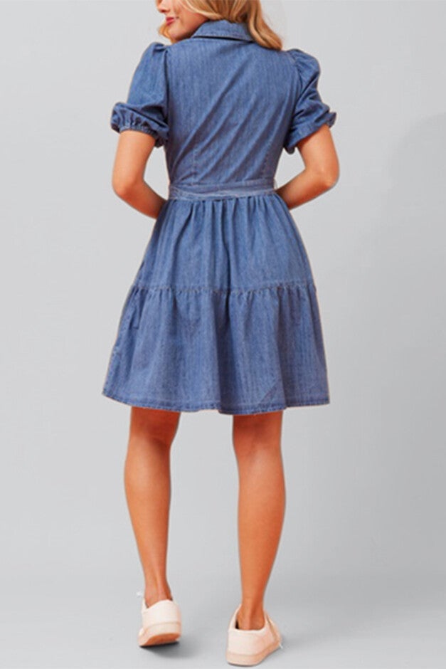 Bella Denim Tiered Shirt Dress Short Sleeves Belt, Blue / Light Blue, alternate image number 3