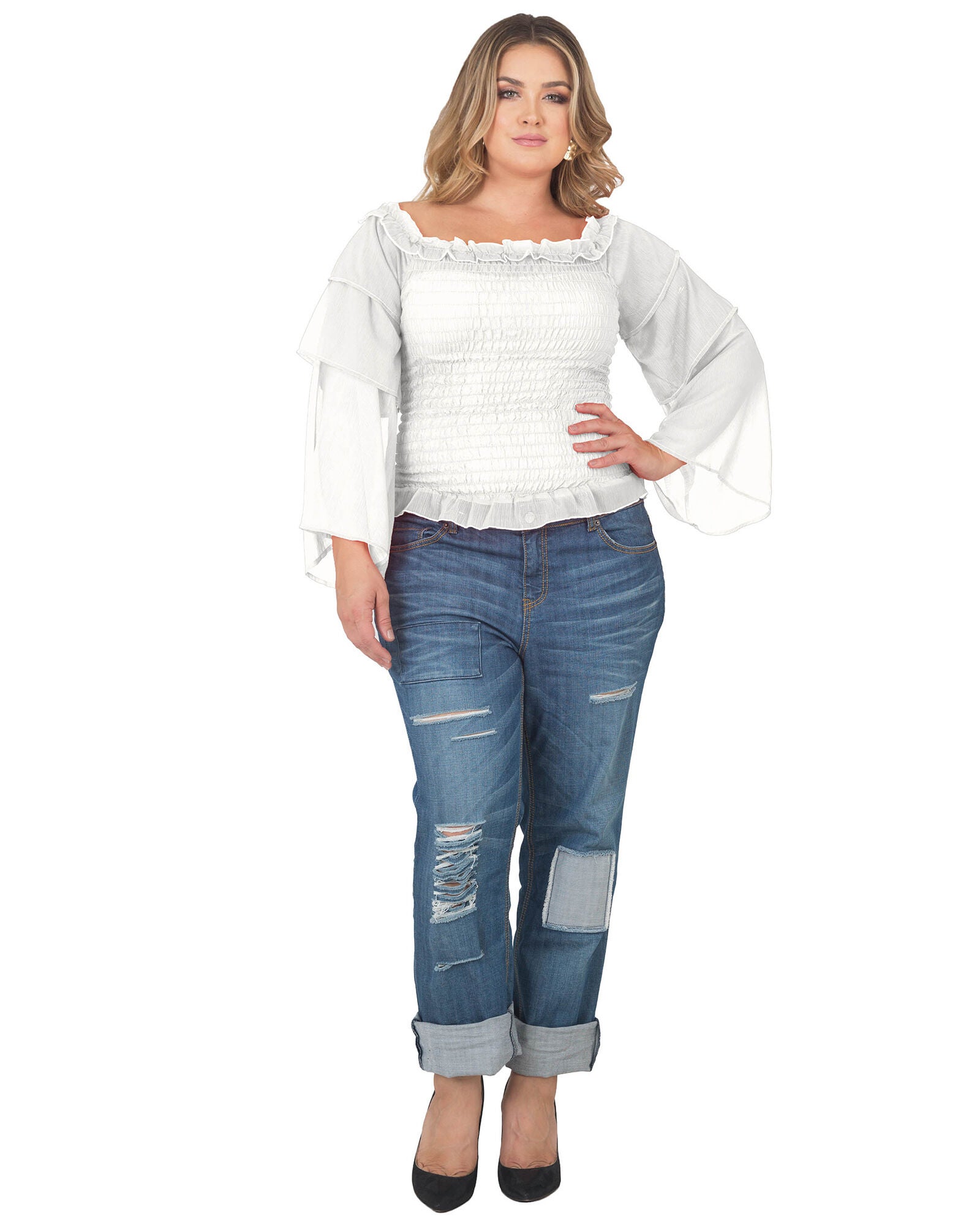 Plus Size Jessa Smocked Tierd Sleeve Top, Off White / White, alternate image number 1