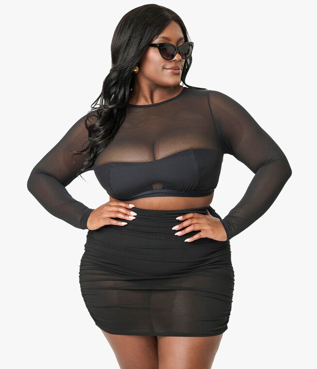 Unique Vintage Plus Size Black Mesh Long Sleeve Swim Top, Black / Black, hi-res image number 0
