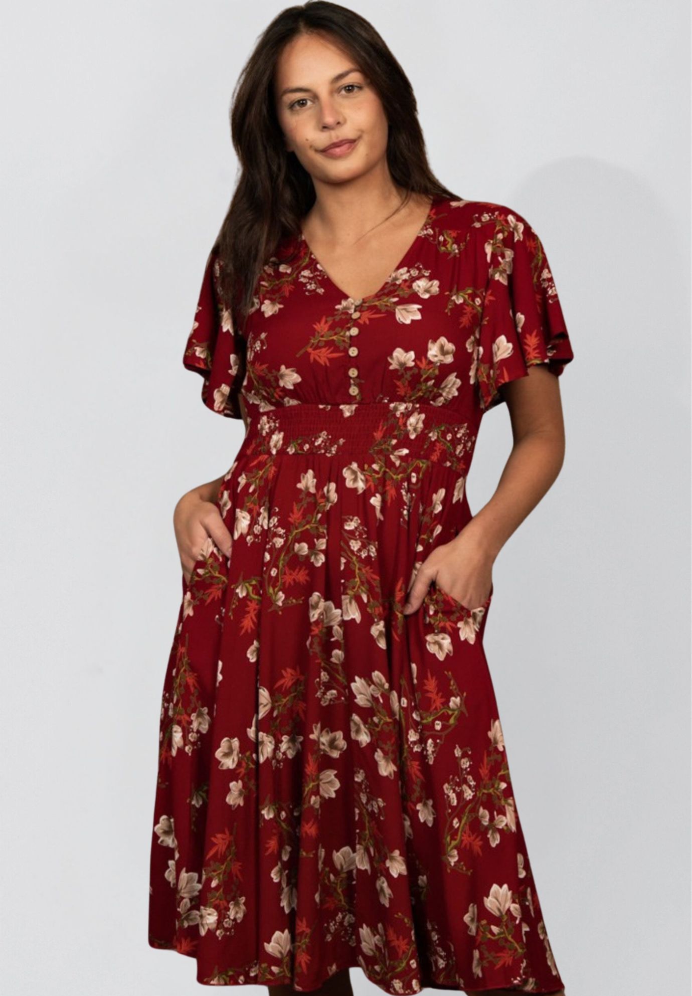 Annick - Dimi Floral Short Dress Smocked Waist Pockets, Red / Red, alternate image number 2