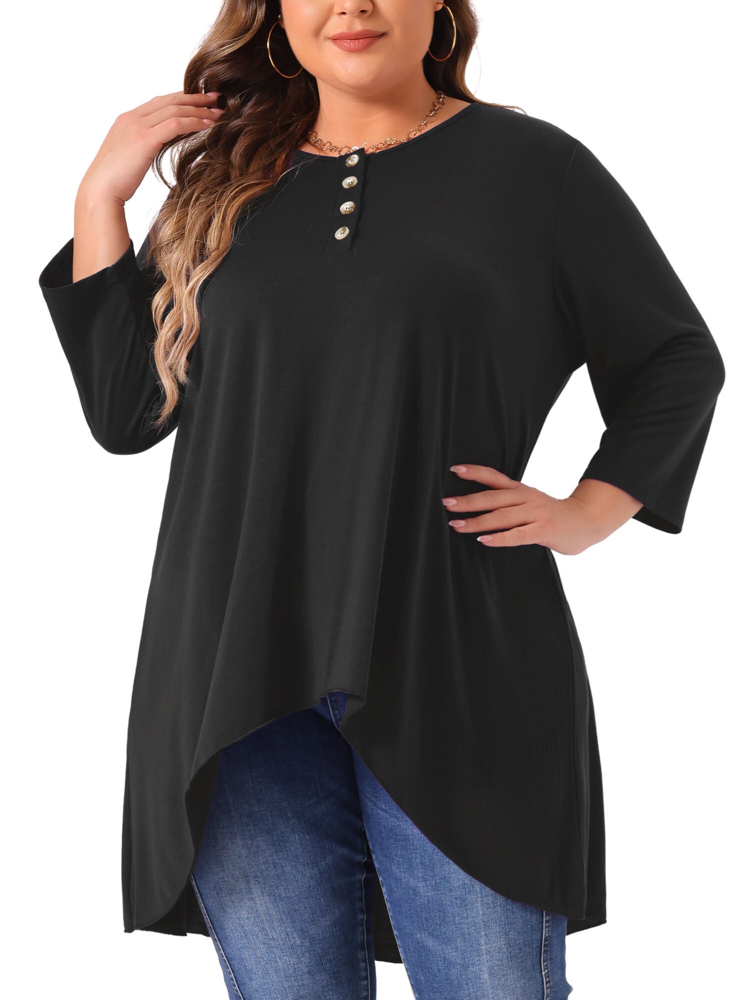 3/4 Sleeve Buttons Crew Neck High Low Loose Fit Tunic Top, Black / Black, alternate image number 2