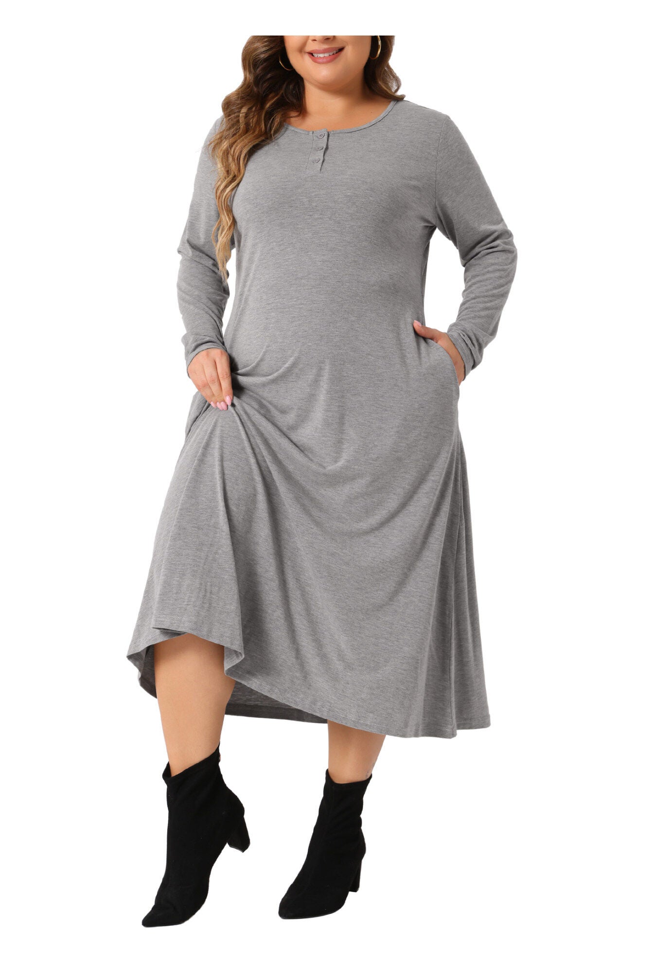 Crew Neck Long Sleeve T-Shirt Dress with Pockets, Gray / Light Grey, alternate image number 1