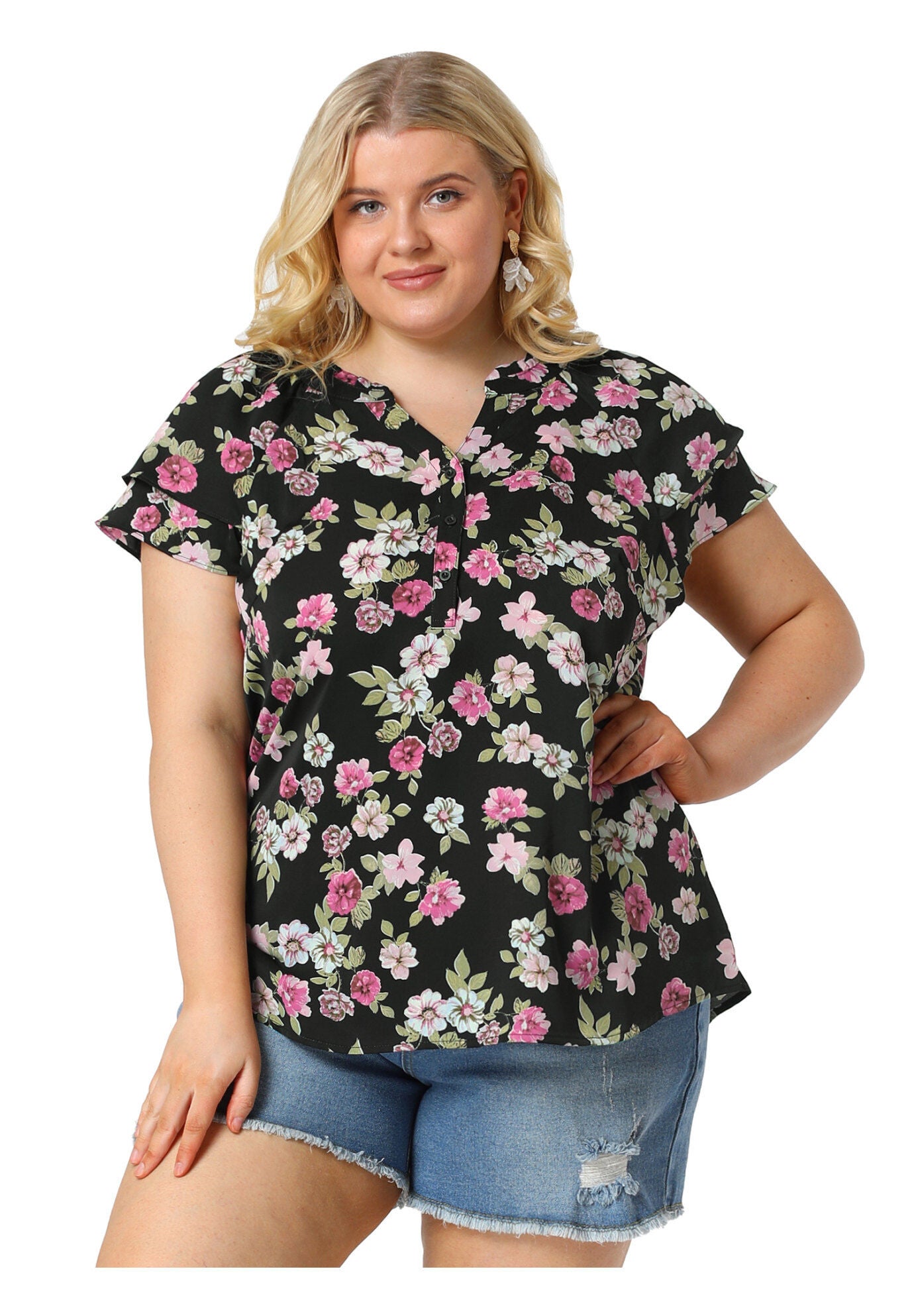 Floral Ruffle Trim V Neck Layered Sleeve Blouse, Black / Black, alternate image number 2