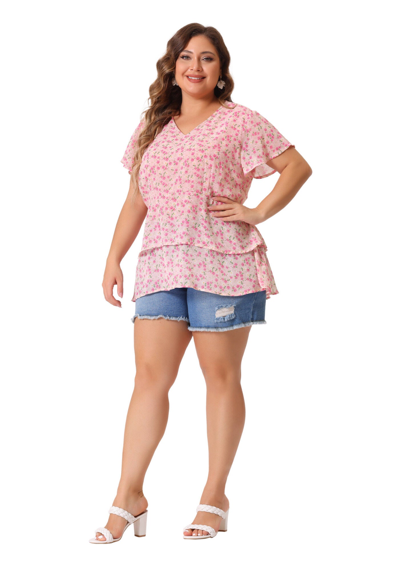 Short Sleeve Layered Casual Floral Blouse Summer Top, Pink / Pink, hi-res image number 0