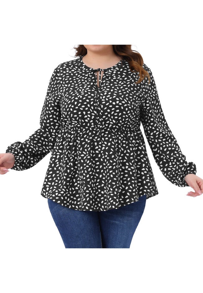 Polka Dots Tie Front Neck Flowy Peplum Blouse, Black / Black, alternate image number 2