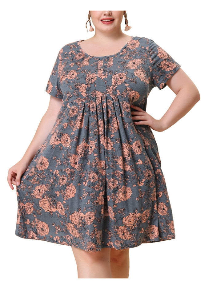 Short Sleeves Pleated Summer Beach Casual Loose Floral Dress, Pink / Pink, alternate image number null