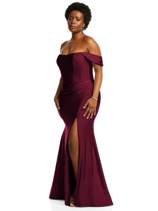 Off-the-Shoulder Corset Stretch Satin Mermaid Dress with Slight Train, , alternate image number null