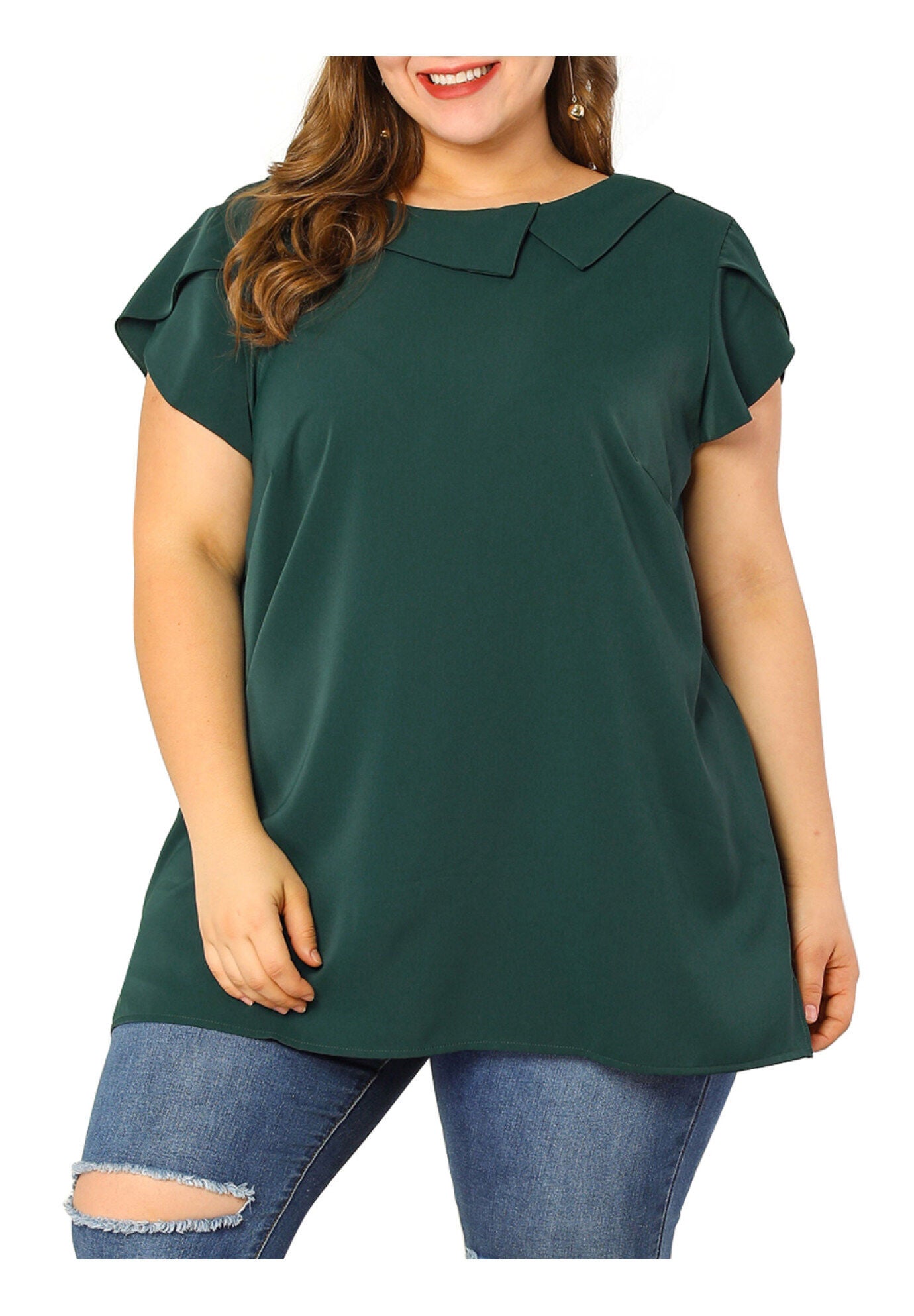 BOAT NECK FLUTTER SLEEVE CHIFFON TOP, Dark Green / Quetzal Green, alternate image number 2