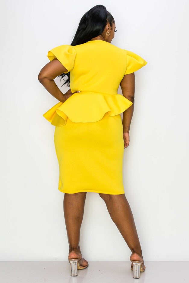 Calista Neoprene Peplum Dress, Yellow / Mustard, alternate image number 3
