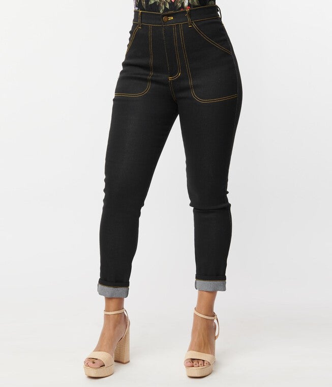 Unique Vintage Black Denim Cuffed Jeans, , alternate image number 5