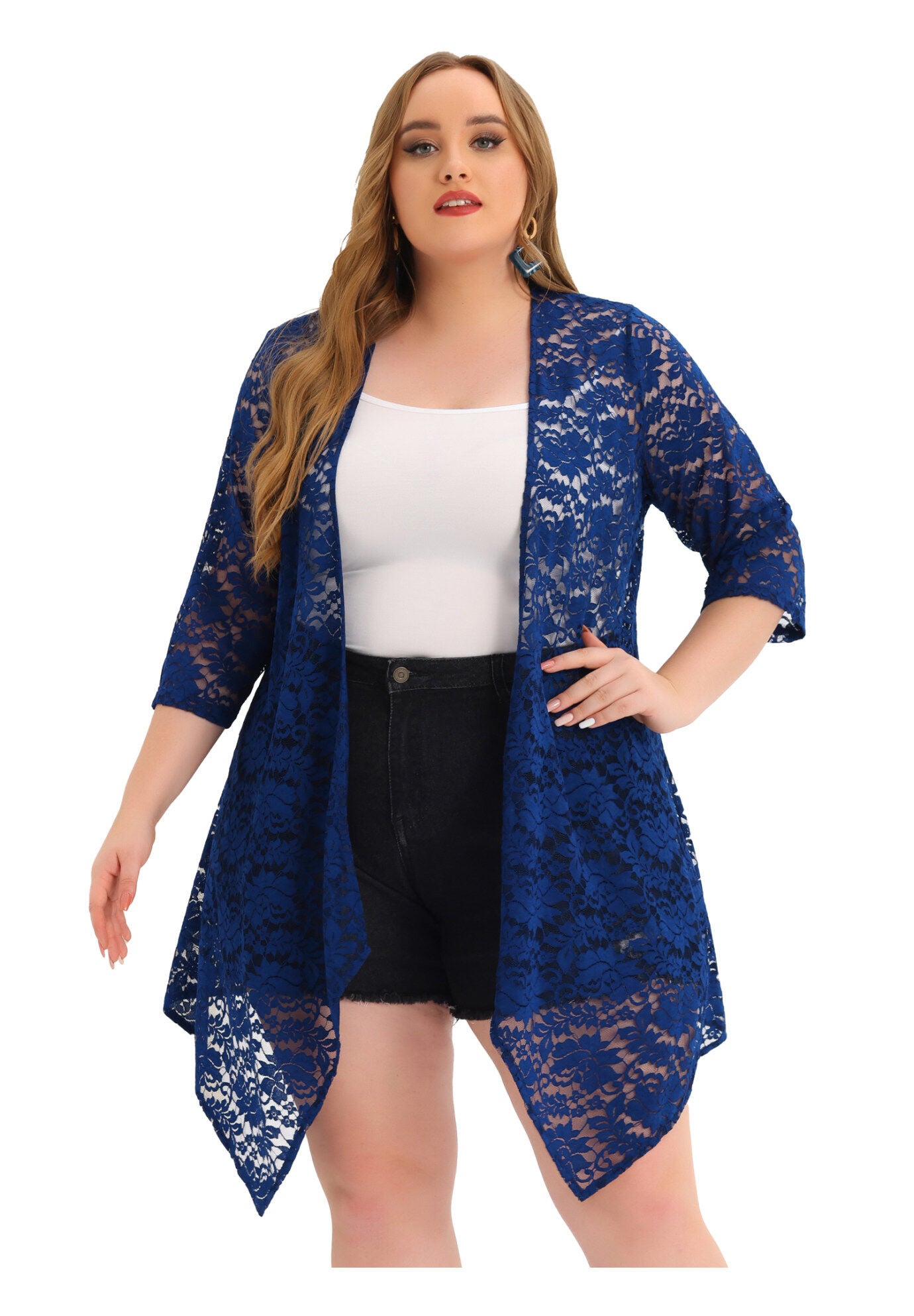 OPEN FRONT 3/4 SLEEVES CROCHET CARDIGAN COVER UP, Blue / Azure Blue, alternate image number 3