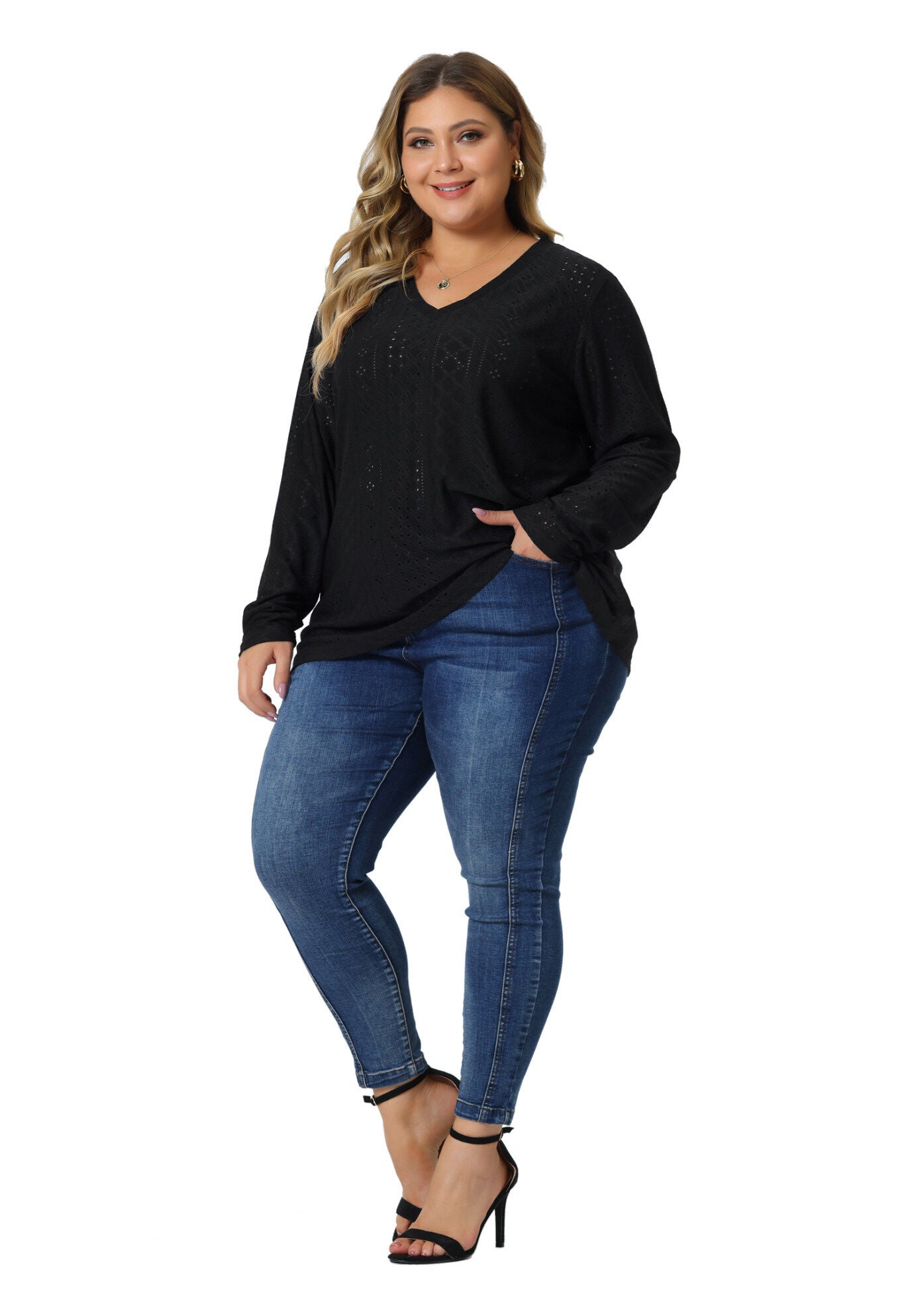 V Neck Long Sleeve Hollow Eyelet Top T-Shirt Tee, Black / Black, hi-res image number 0