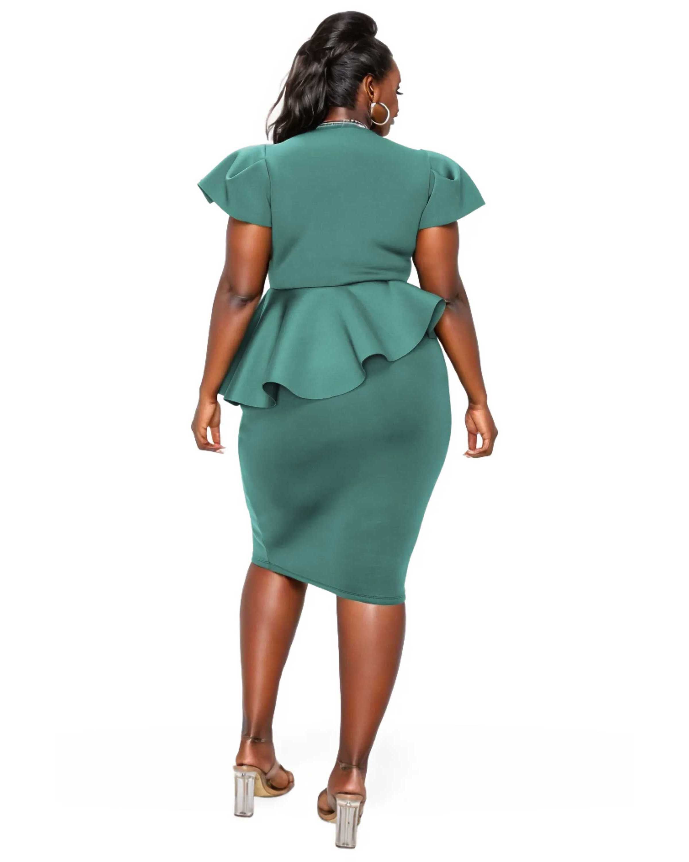 Calista Neoprene Peplum Dress, Jade Dk / Quetzal Green, alternate image number 1