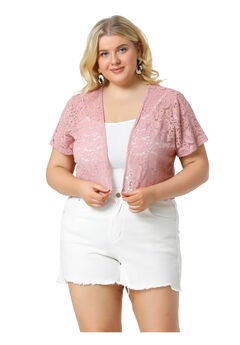 OPEN FRONT SHORT SLEEVE CROCHET LACE CROPPED BOLERO SHRUG CARDIGAN