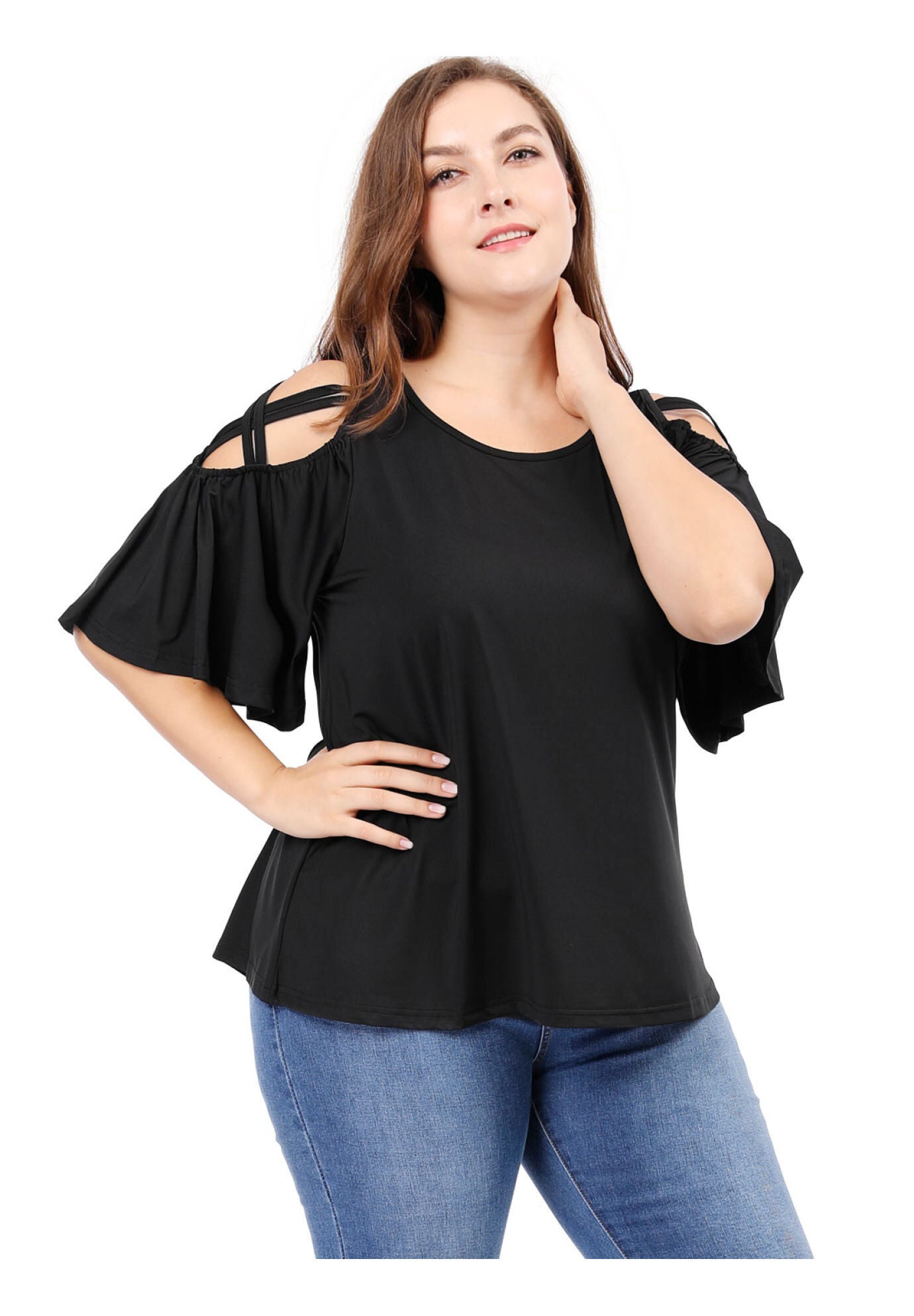 Cold Shoulder Bell Sleeve Summer Top, Black / Black, alternate image number 2