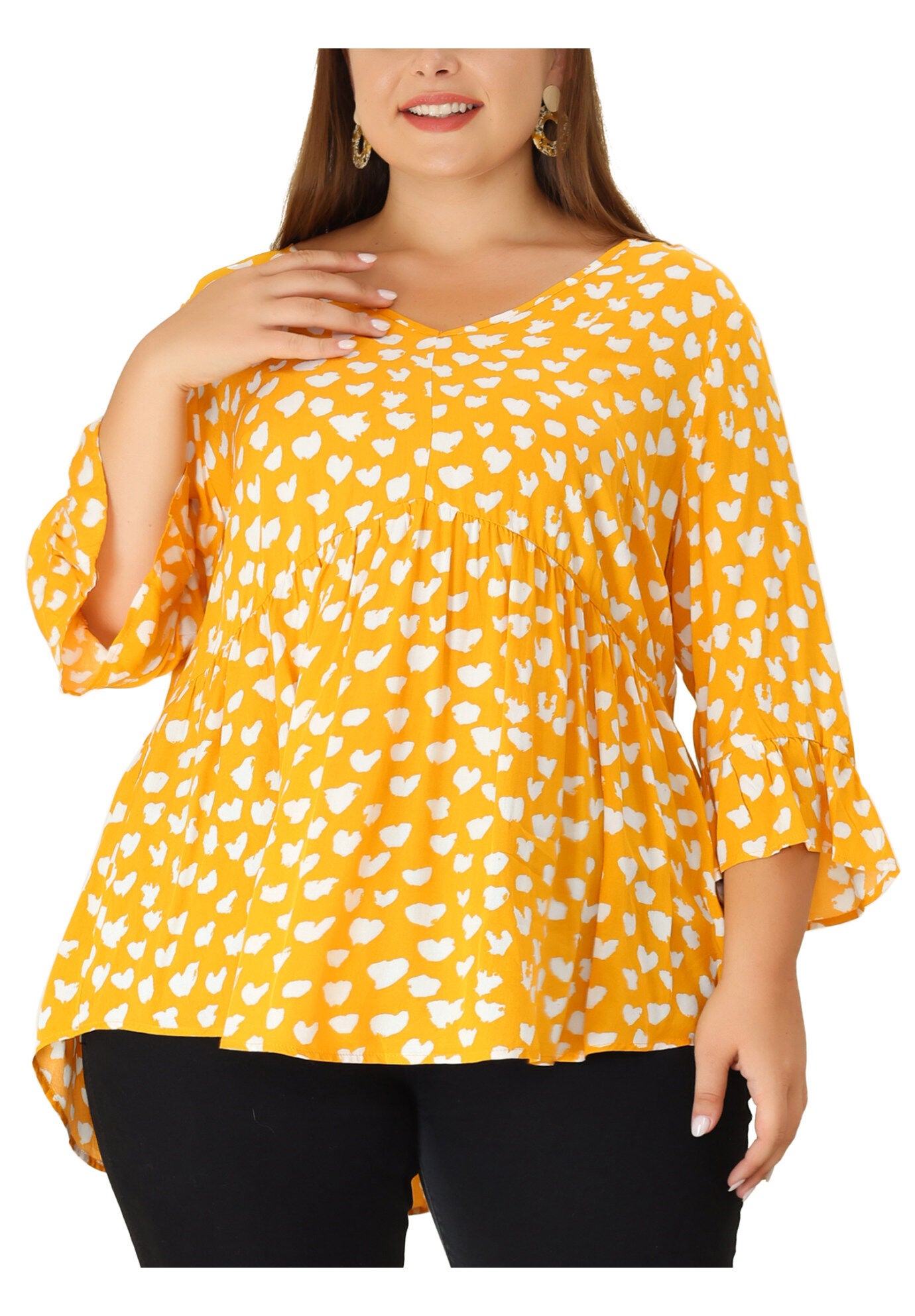 Polka Dots Blouse 3/4 Ruffle Sleeve Peplum Top, Yellow / Yellow, alternate image number 2