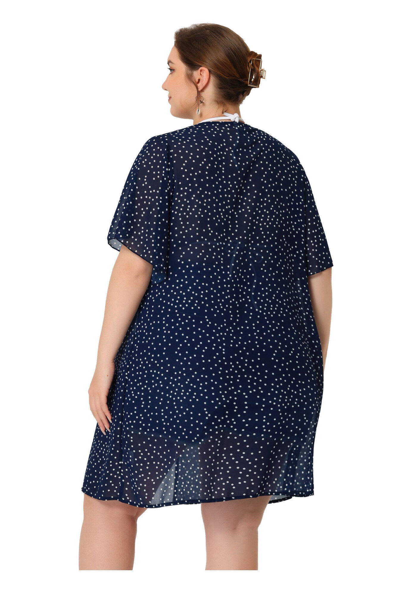 SHORT SLEEVE BIKINI POLKA DOTS KIMONO COVER UP, Dark Blue / Navy, alternate image number 3