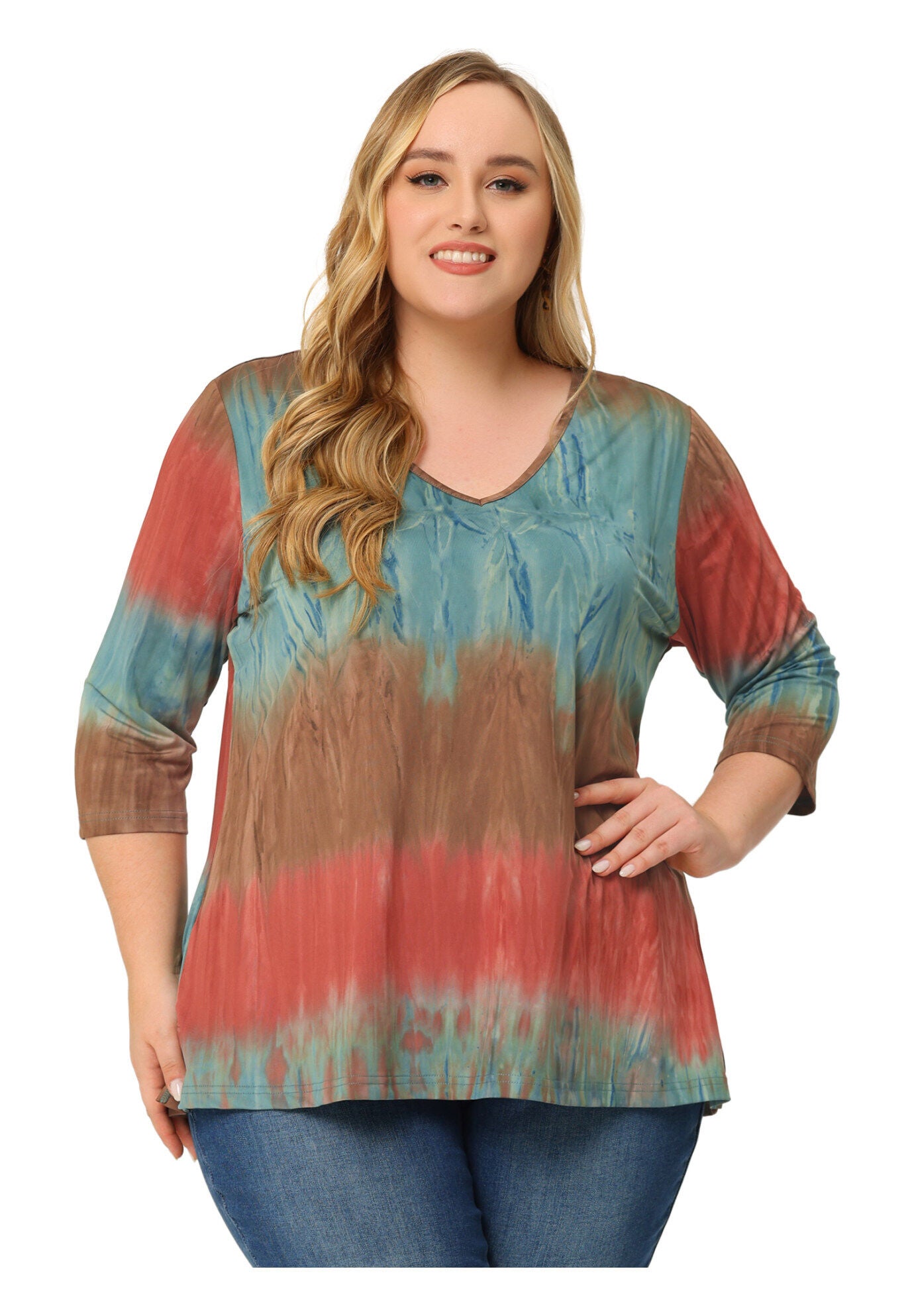 V Neck 3/4 Sleeve Loose Casual Striped Tie Dye Print T-Shirt Top, Multicolor / Brown, hi-res image number 0