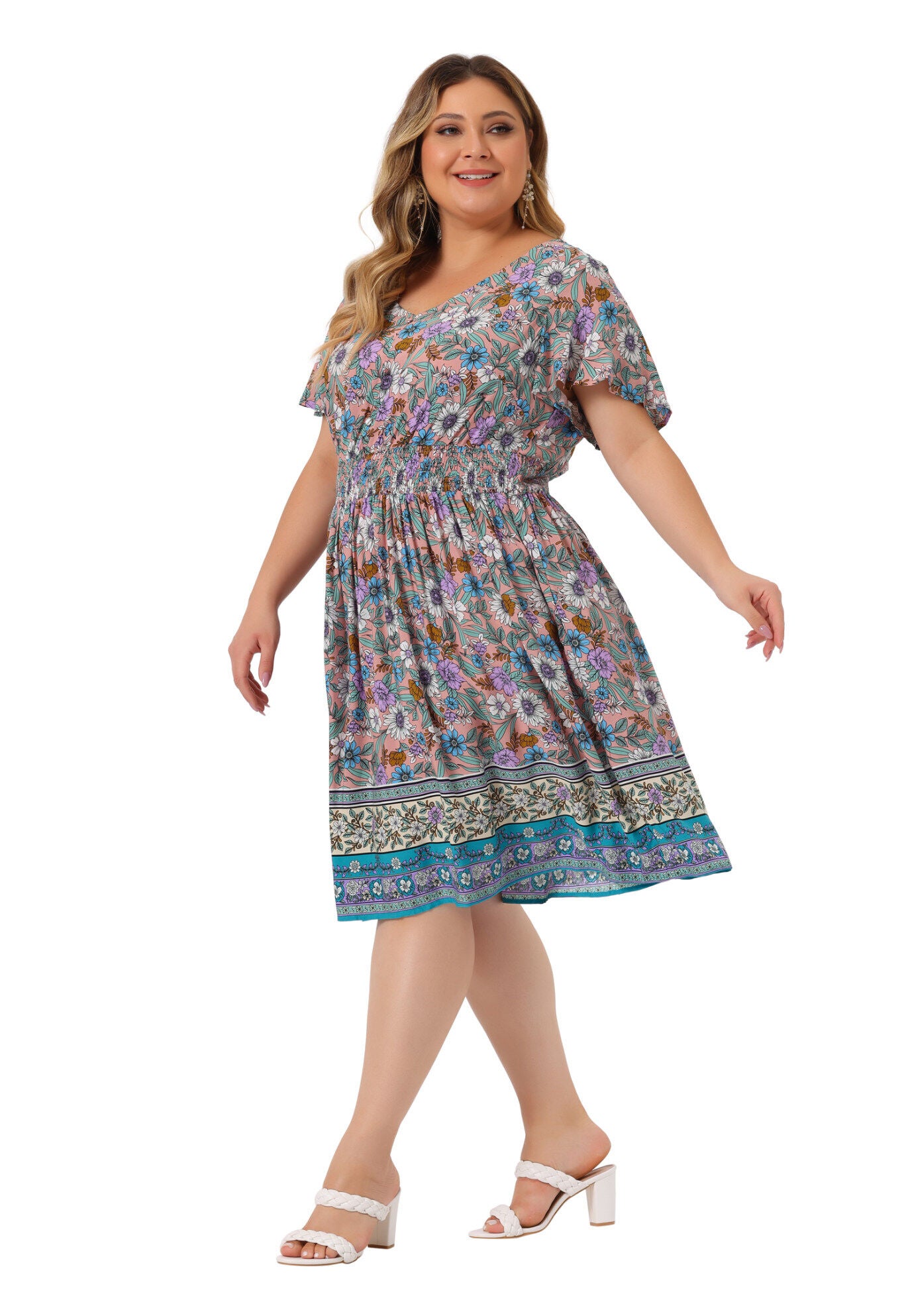 Placed Pattern Bohemian Smock Waist V Neck Summer Midi Dress, Pink / Pink, hi-res image number 0