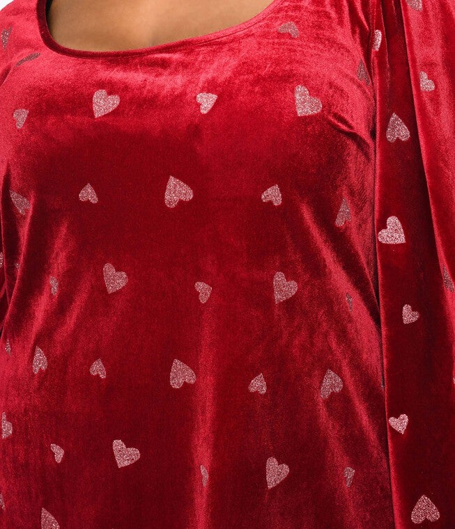 Smak Parlour Plus Size Red Velvet & Pink Heart Downtown Scene Mini Dress, , alternate image number null