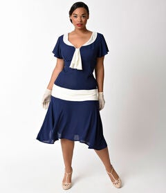Unique Vintage 1920s Navy Blue & Ivory Wilshire Flapper Day Dress