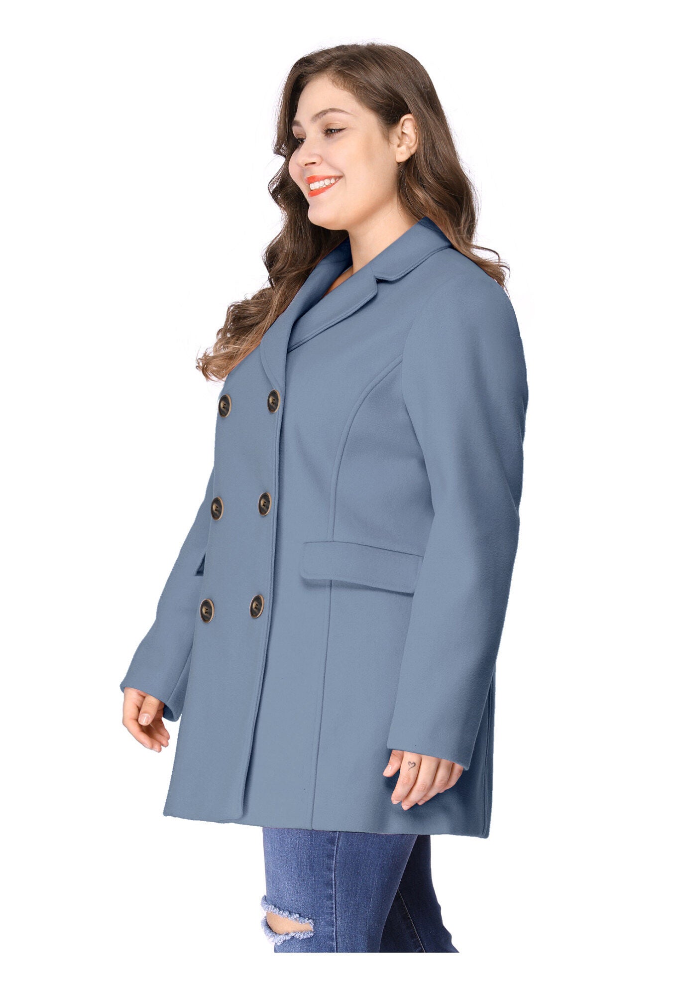 NOTCHED LAPEL DOUBLE BREASTED COAT, Light Blue / Light Blue, alternate image number 3