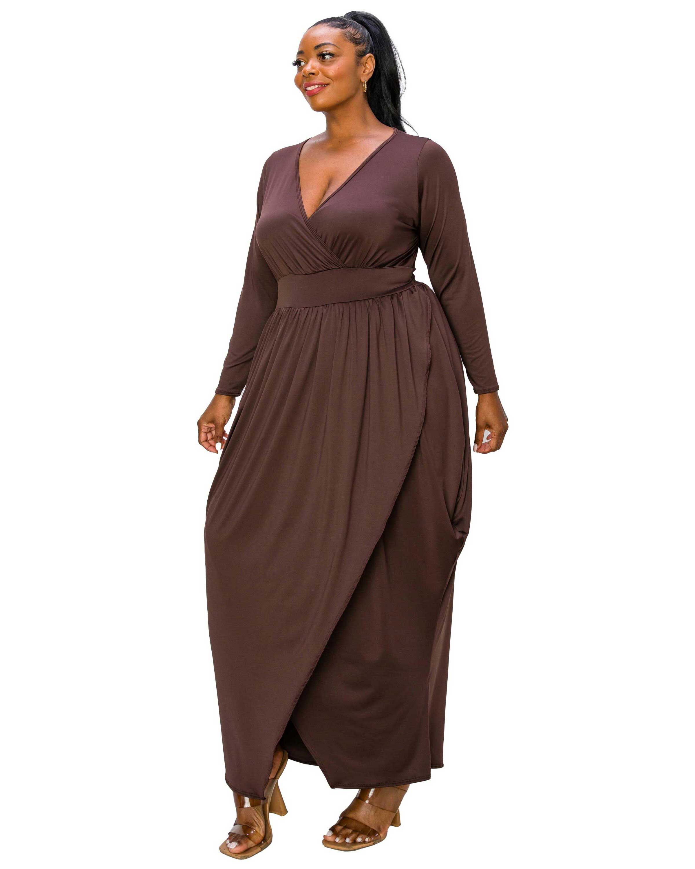GIULIANA TULIP HEM MAXI DRESS, Brown / Brown, alternate image number 1