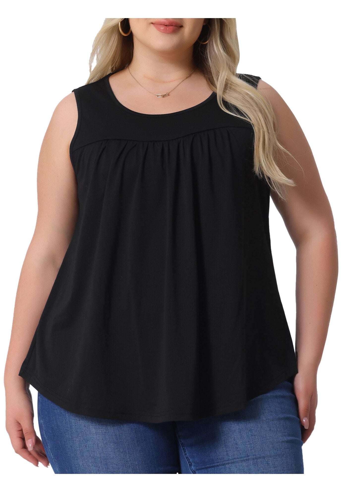 Round Neck Pleated Babydoll Boho Tank Tops, Black / Black, alternate image number 2