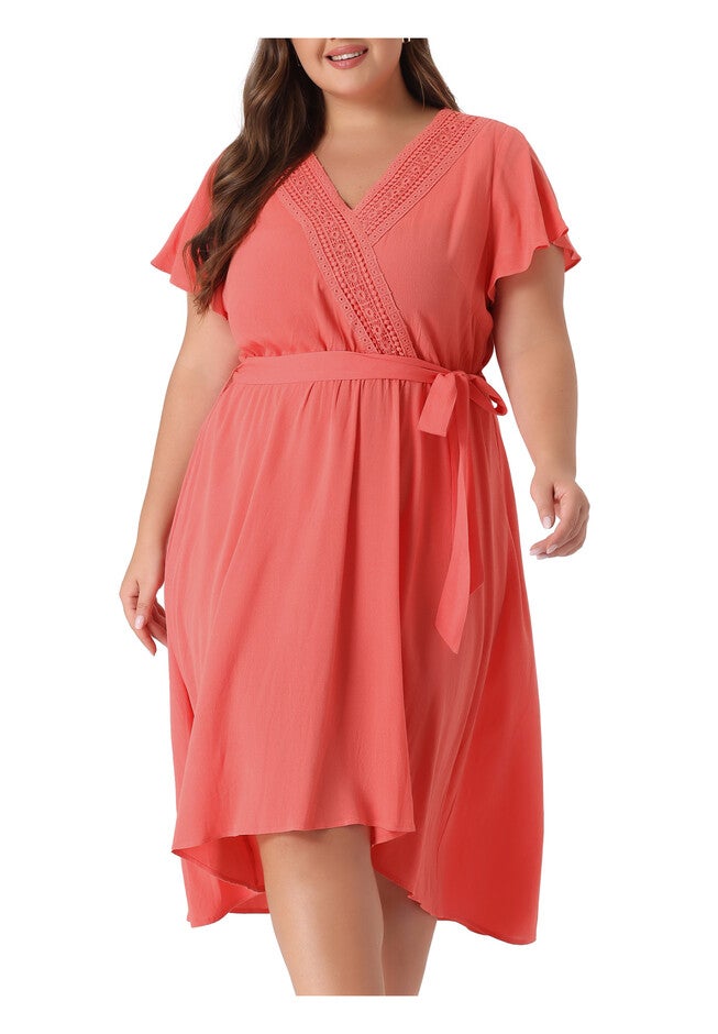 Summer V Neck Short Sleeve High Low A Line Midi Dress, Orange Pink / Coral, alternate image number 1