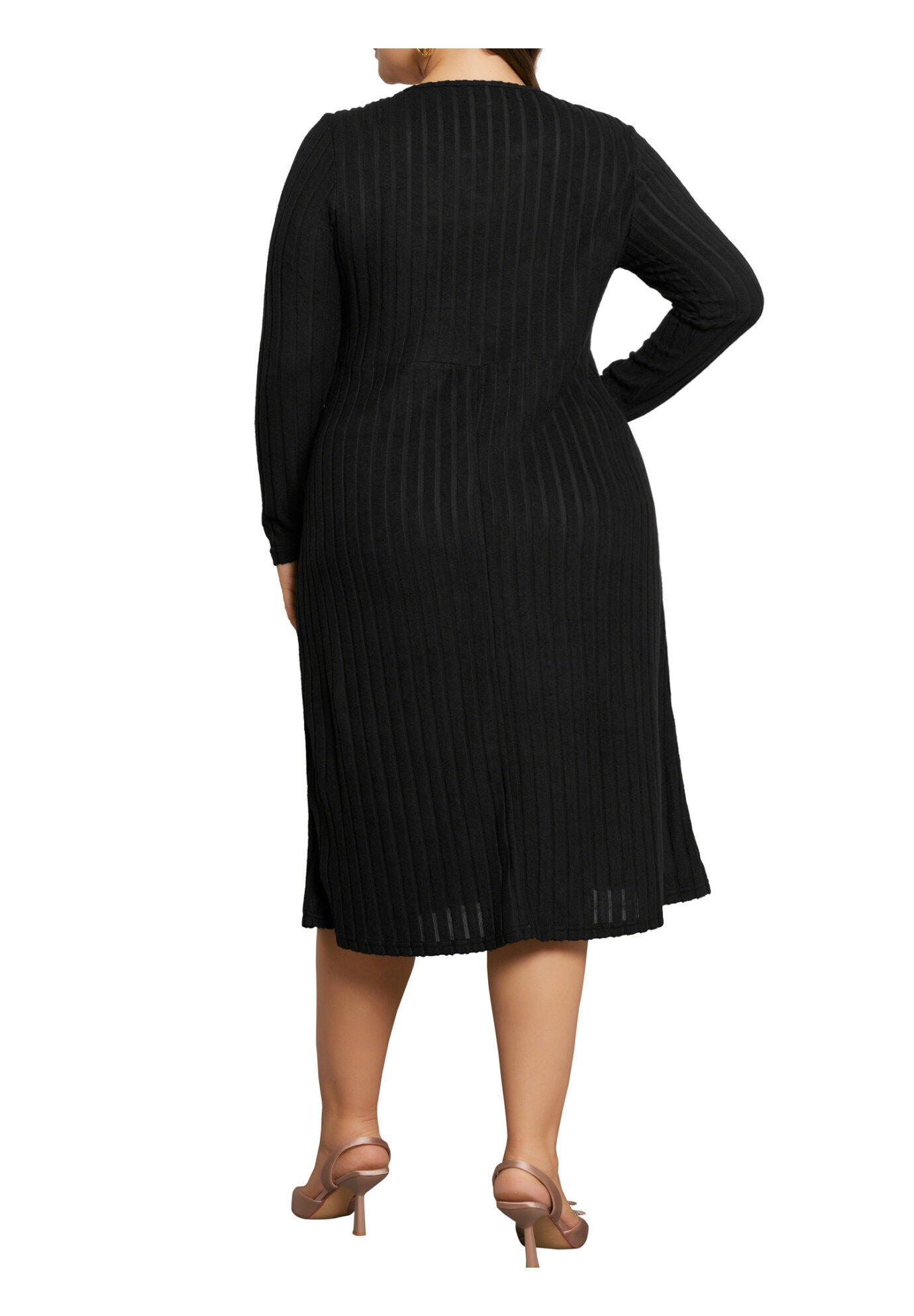 Ribbed Knit Long Sleeves Keyhole Crew Neck Pullover A Line Midi Dress, Black / Black, alternate image number 3