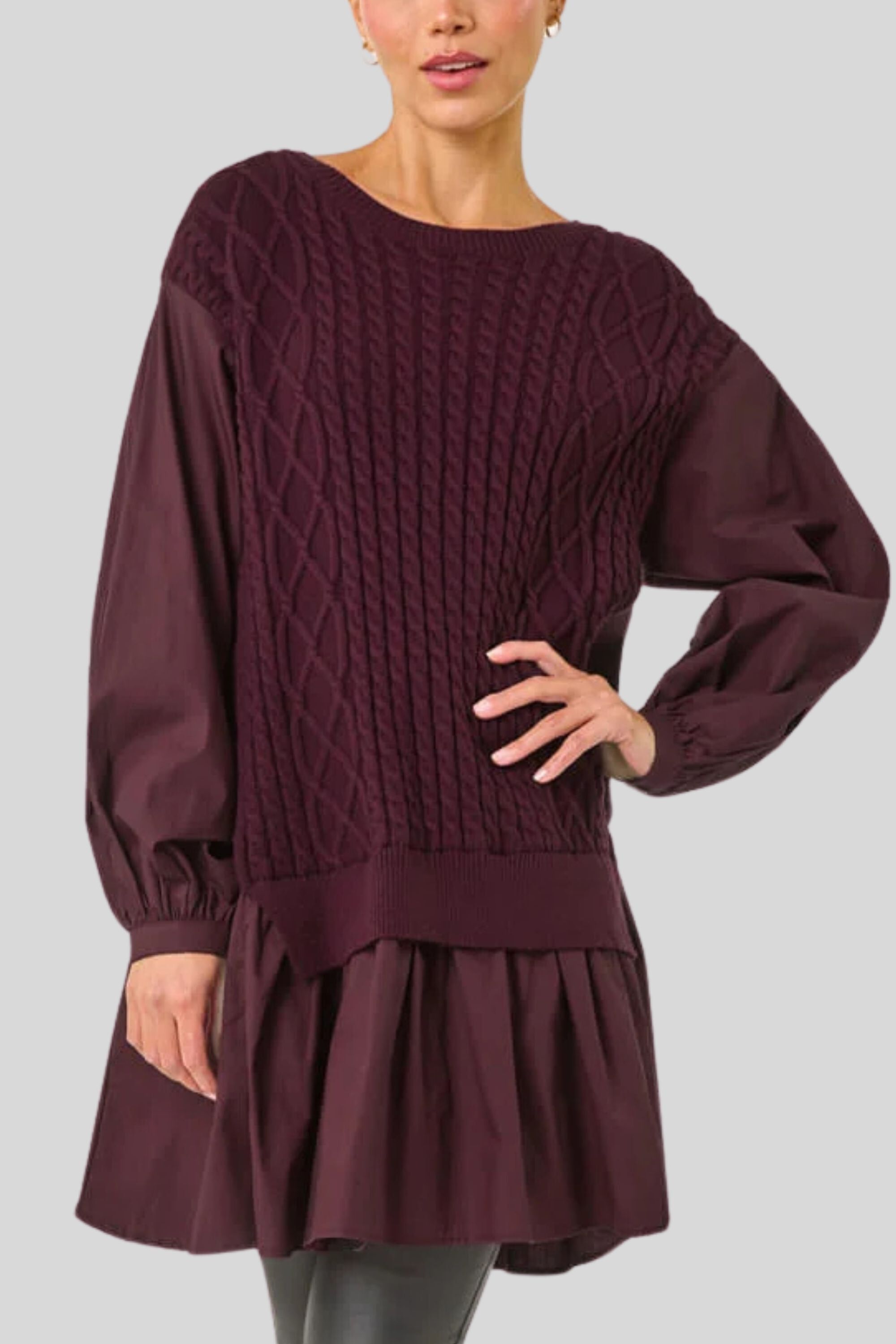 Annick - Helga Oversize Faux Layer Tunic Shirt Dress, Burgundy / Burgundy, alternate image number 1