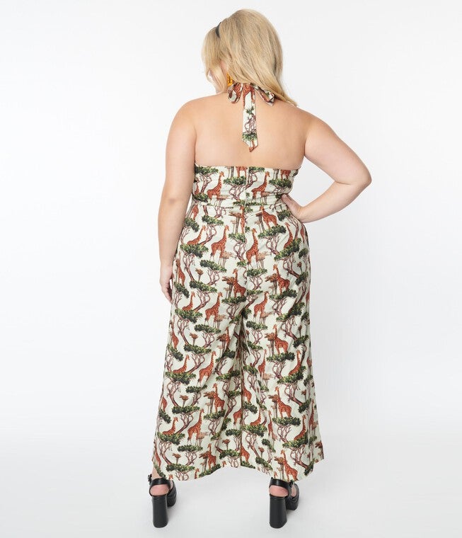 Unique Vintage Giraffe Print Halter Jumpsuit, Green / Light Green, alternate image number null