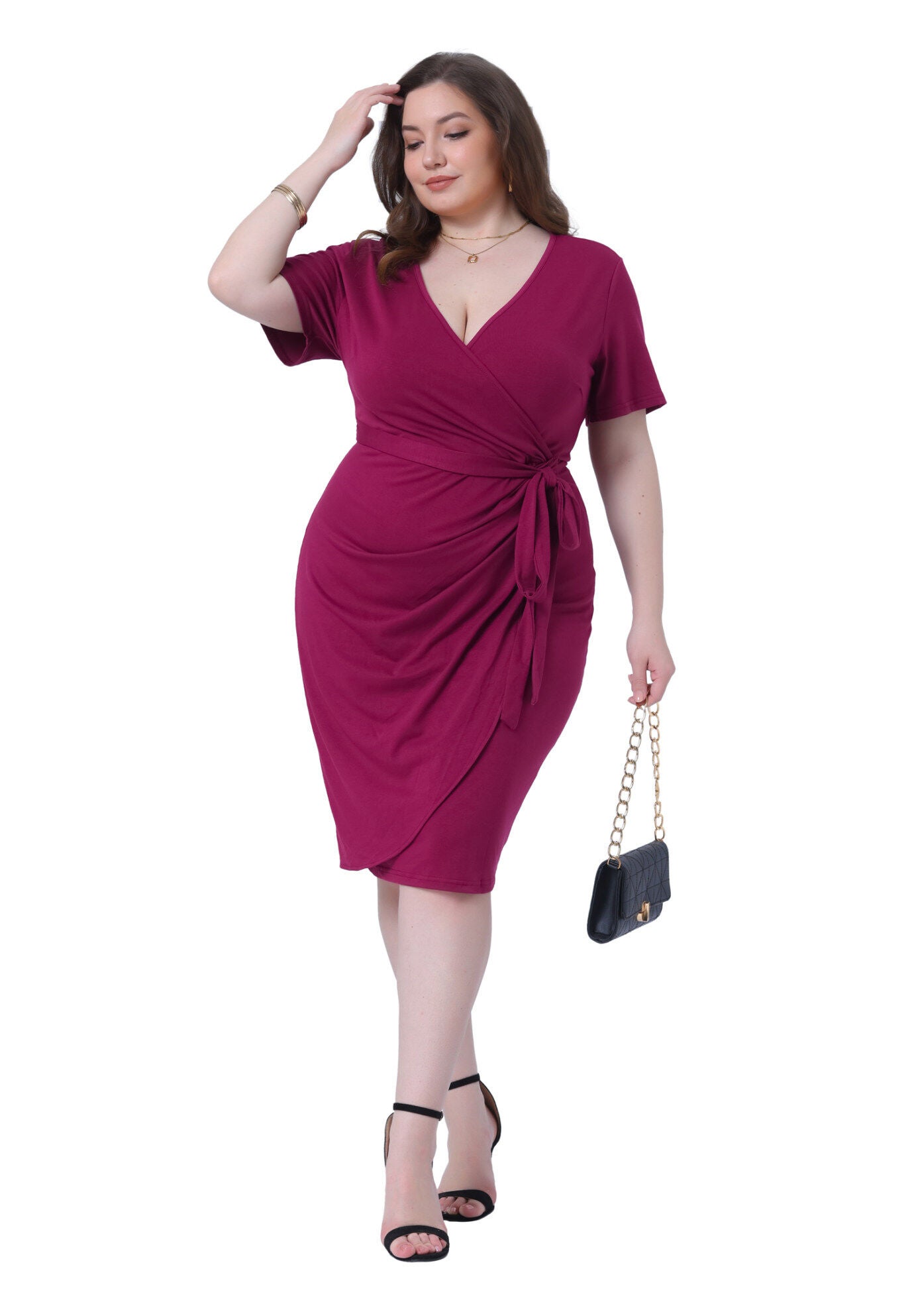 V Neck Ruched Wrap Belted Bodycon Midi Dress, Burgundy / Burgundy, hi-res image number 0