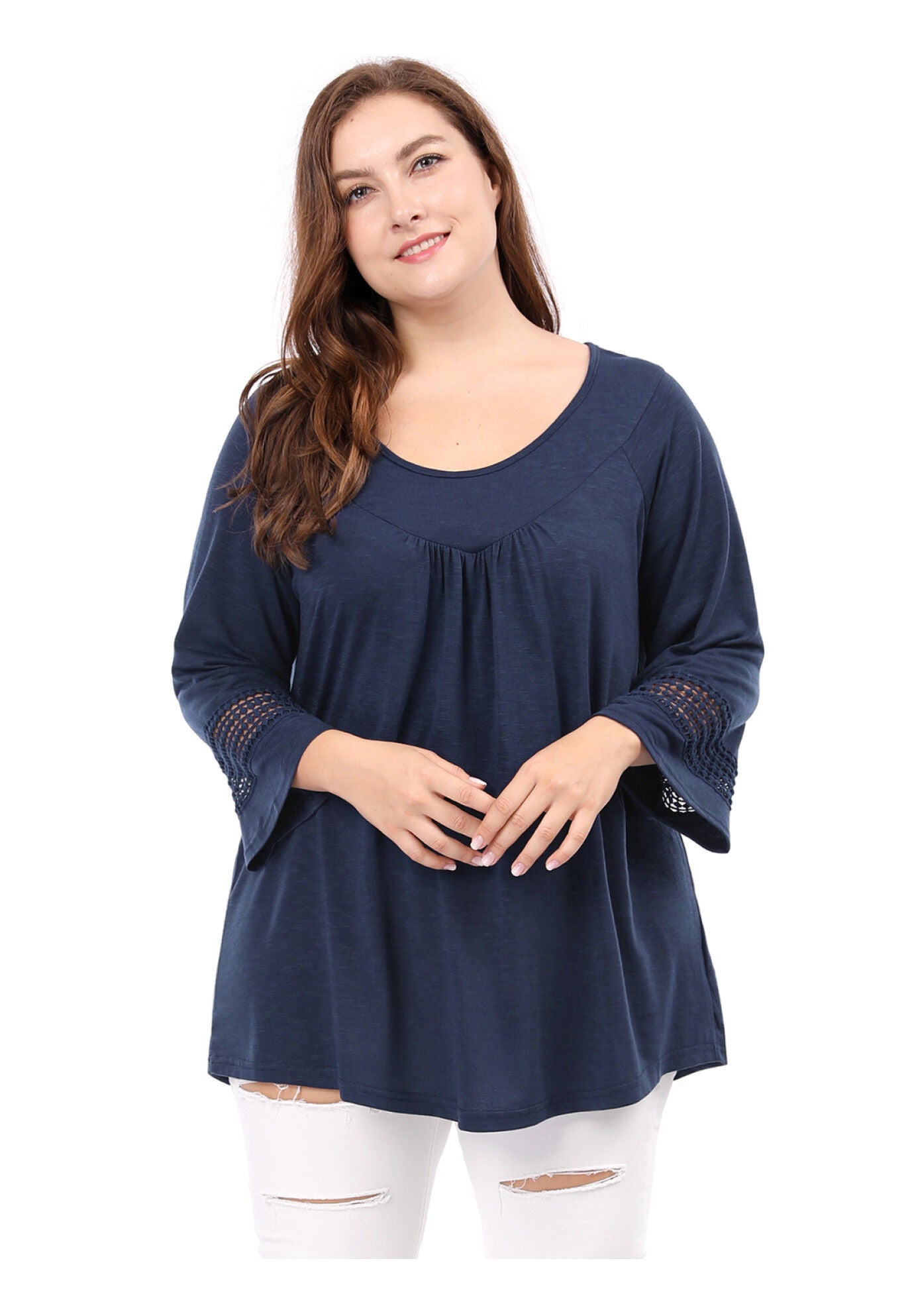 CROCHET PANEL HOLLOW OUT PLEATED TUNICS BLOUSE TOP, Blue / Navy, alternate image number 2
