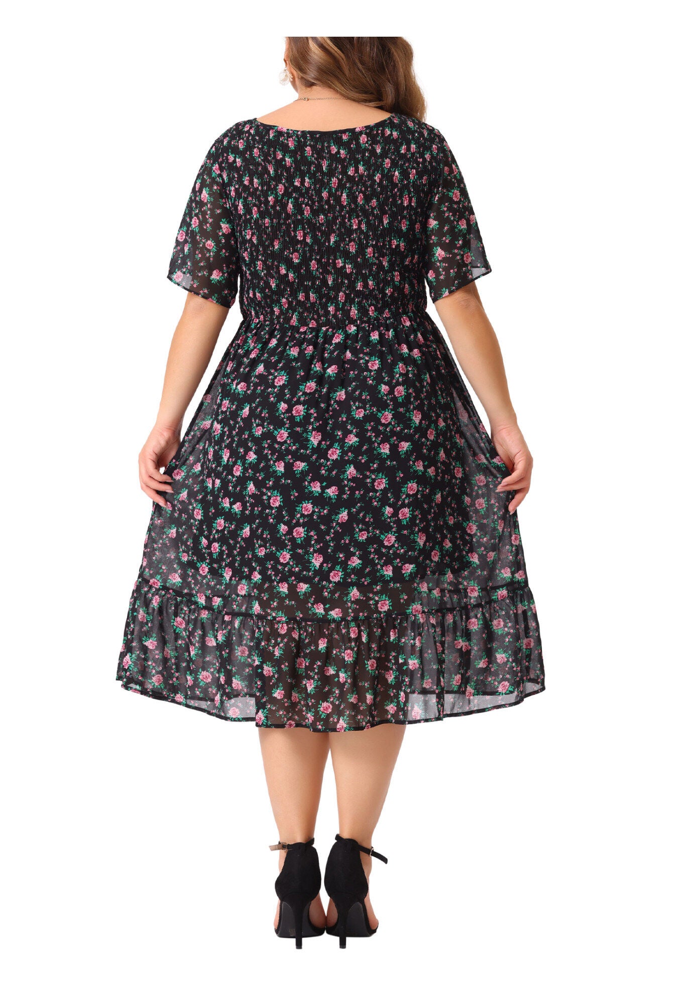 Flare Smock Ruffle Chiffon Floral Midi Dress, Black Pink / Black, alternate image number 3