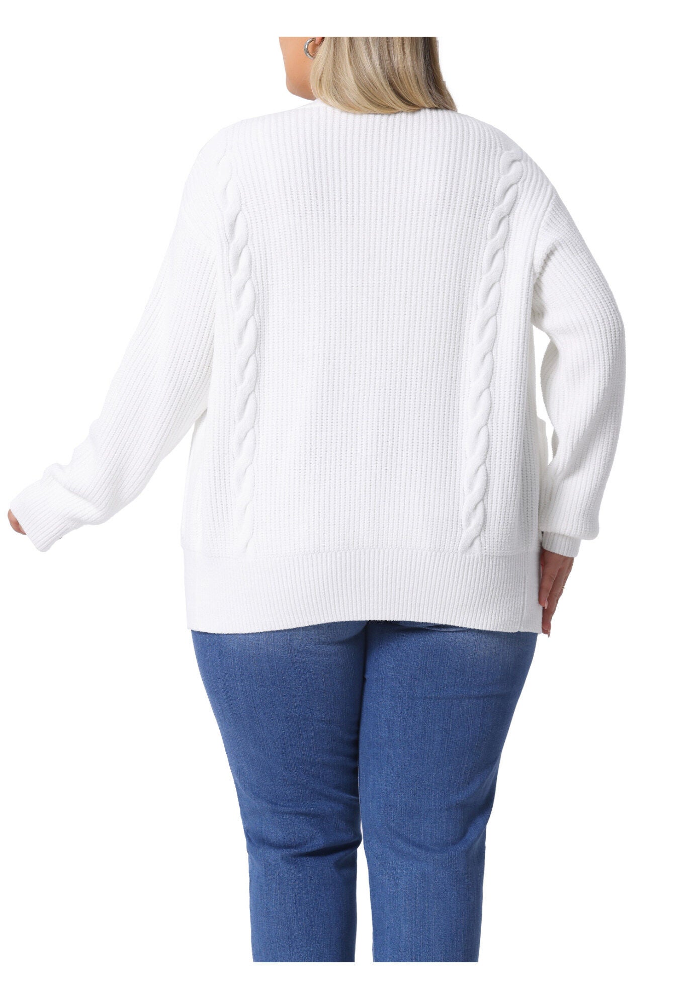 Long Sleeve Crew Neck Knit Cardigan Sweaters with Pockets, White / White, alternate image number 2