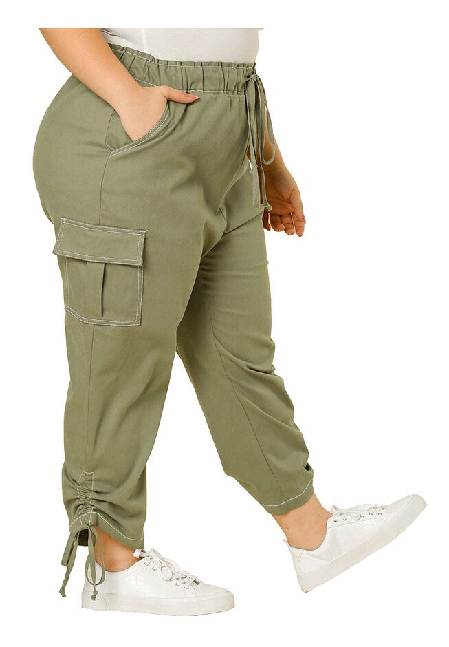 DRAWSTRING ELASTIC WAIST CARGO PANTS, Army Green / Sage Green, alternate image number null