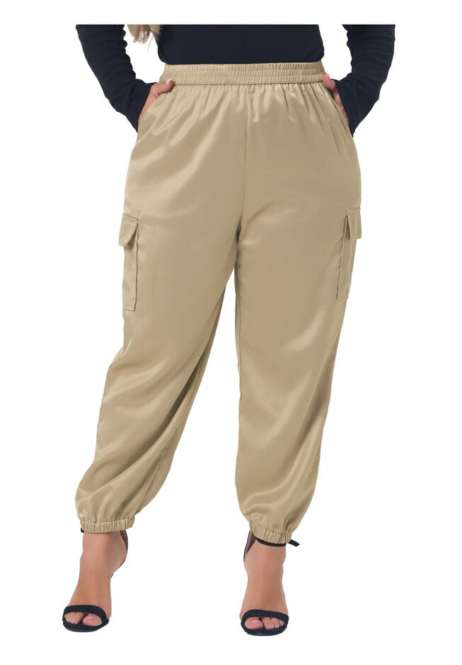 SATIN JOGGERS ELASTIC WAIST ATHLEISURE ANKLE LENGTH CARGO PANTS, Khaki / Taupe, alternate image number 1