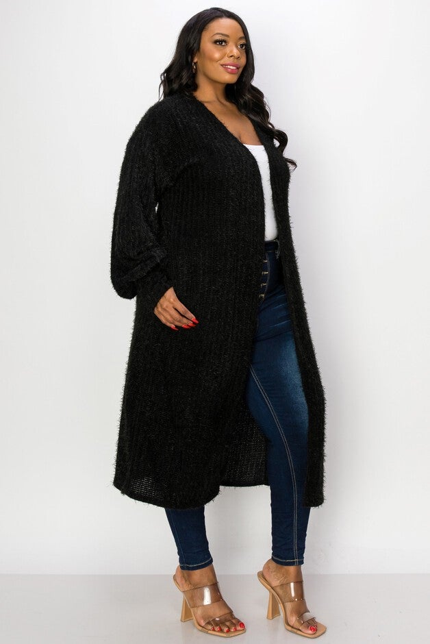 SERILDA FAUX FEATHER CARDIGAN, Black / Black, alternate image number 2