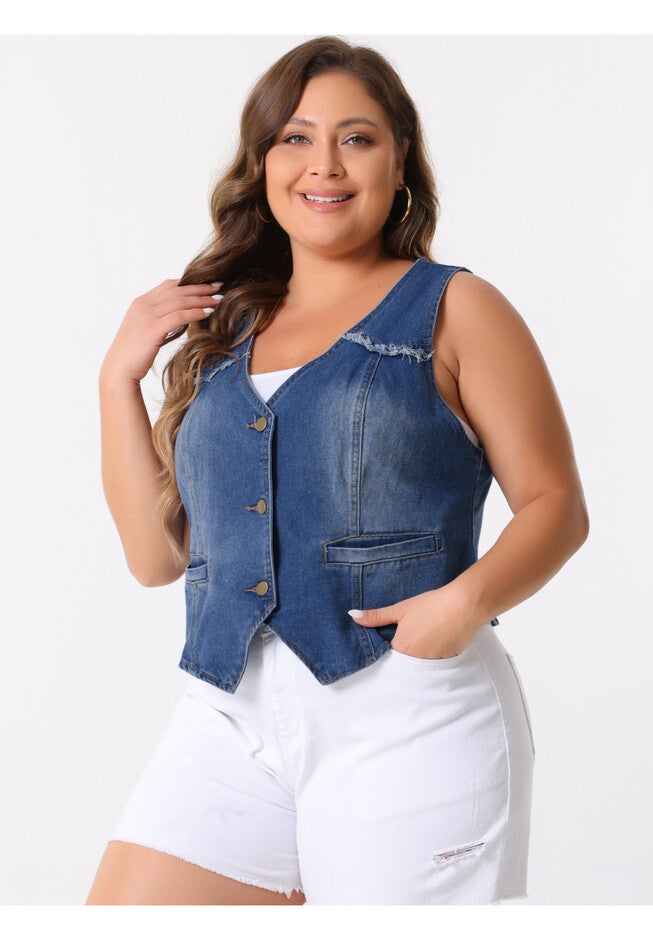 SLEEVELESS V NECK WASHED DISTRESSED WAISTCOAT DENIM VEST, Blue / Chambray Denim Medium, alternate image number 1