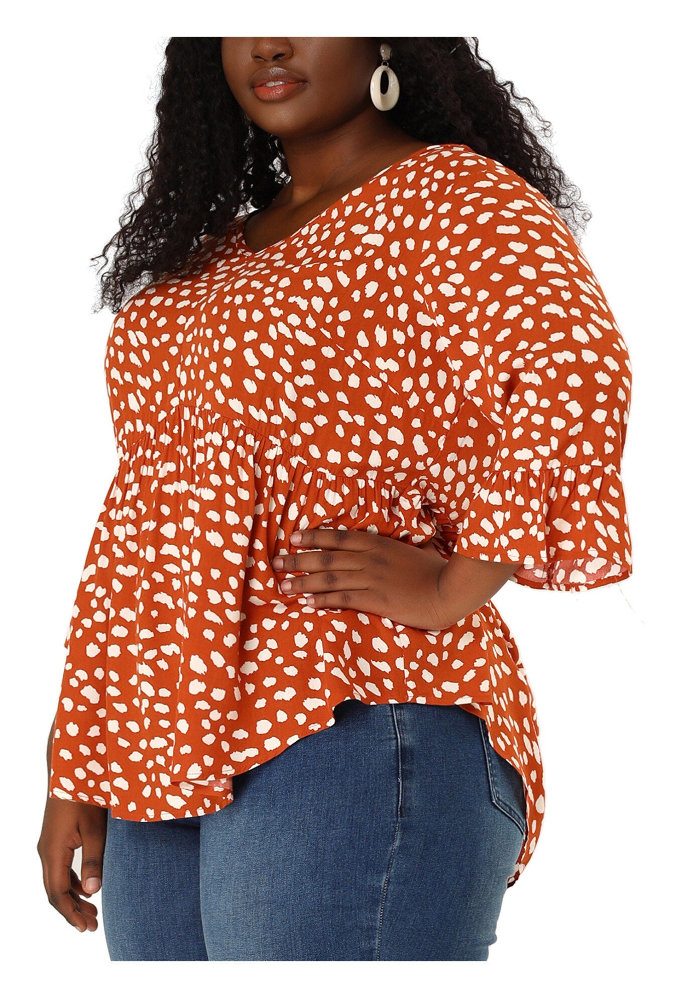 Polka Dots Blouse 3/4 Ruffle Sleeve Peplum Top, Orange / Orange, alternate image number 2