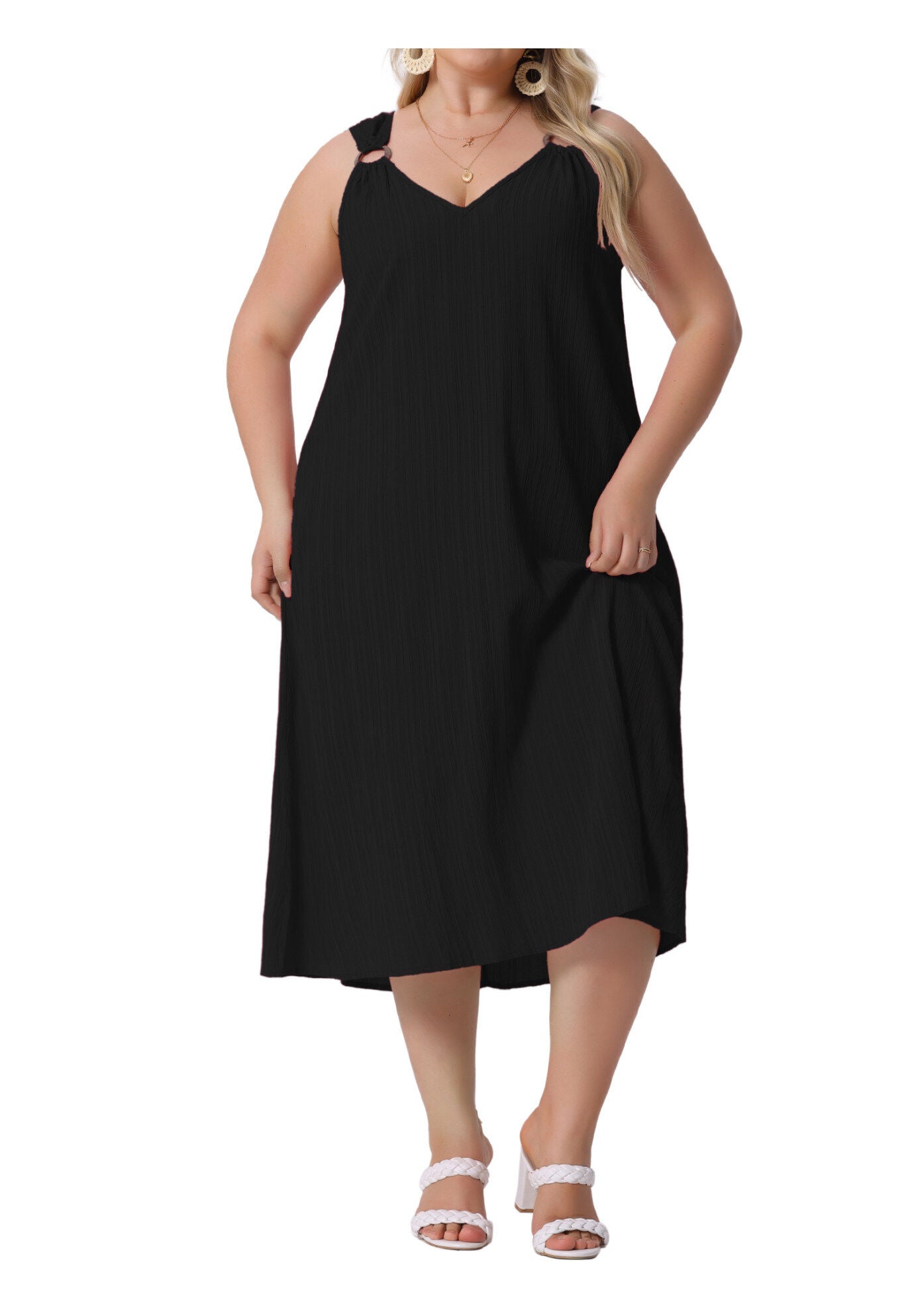 Summer Ring Strap Loose V Neck Sleeveless Sundress, Black / Black, alternate image number 2