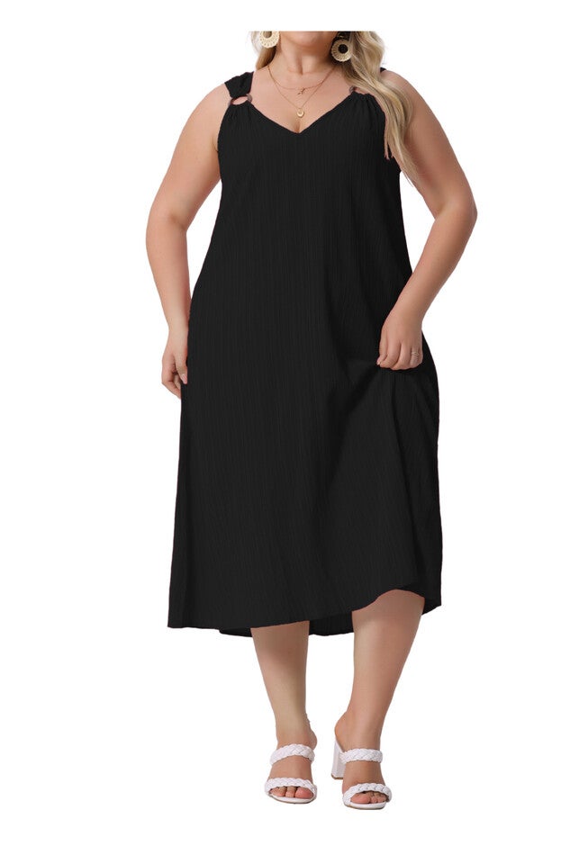 Summer Ring Strap Loose V Neck Sleeveless Sundress, Black / Black, alternate image number 2