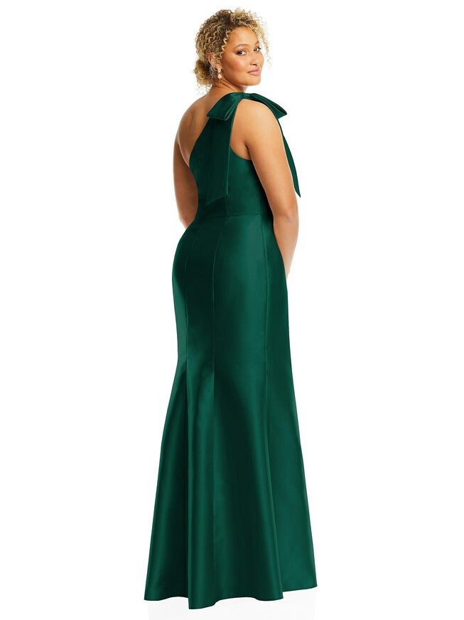 Bow One-Shoulder Satin Trumpet Gown, , alternate image number 6