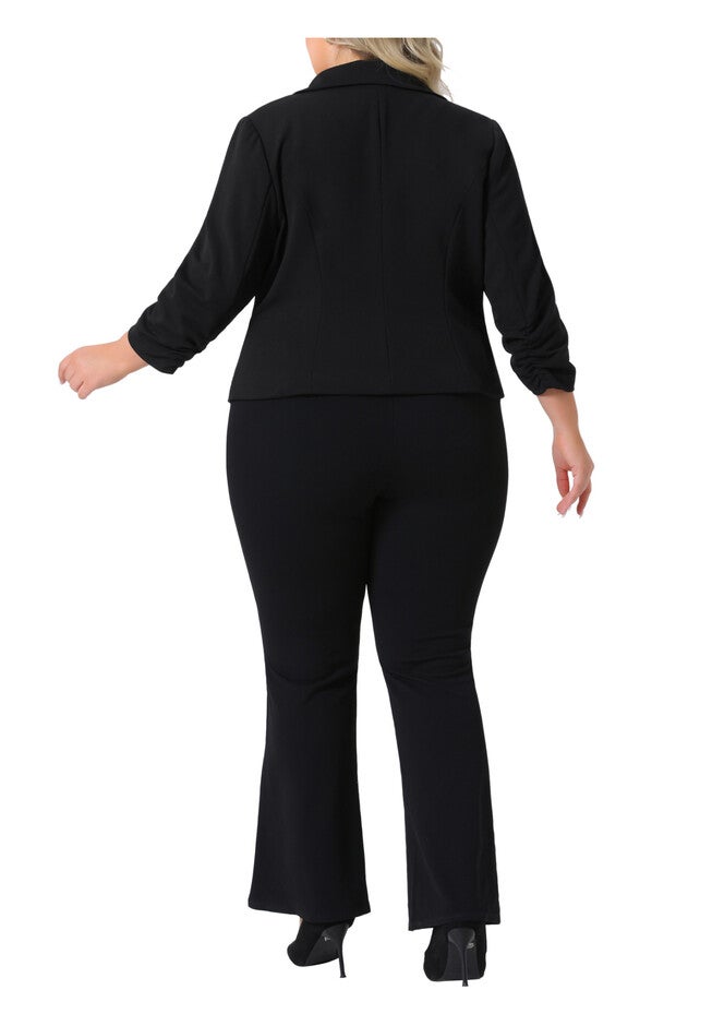 3/4 RUCHED SLEEVE NOTCH LAPEL CROP SUIT BLAZER, Black / Black, alternate image number 3