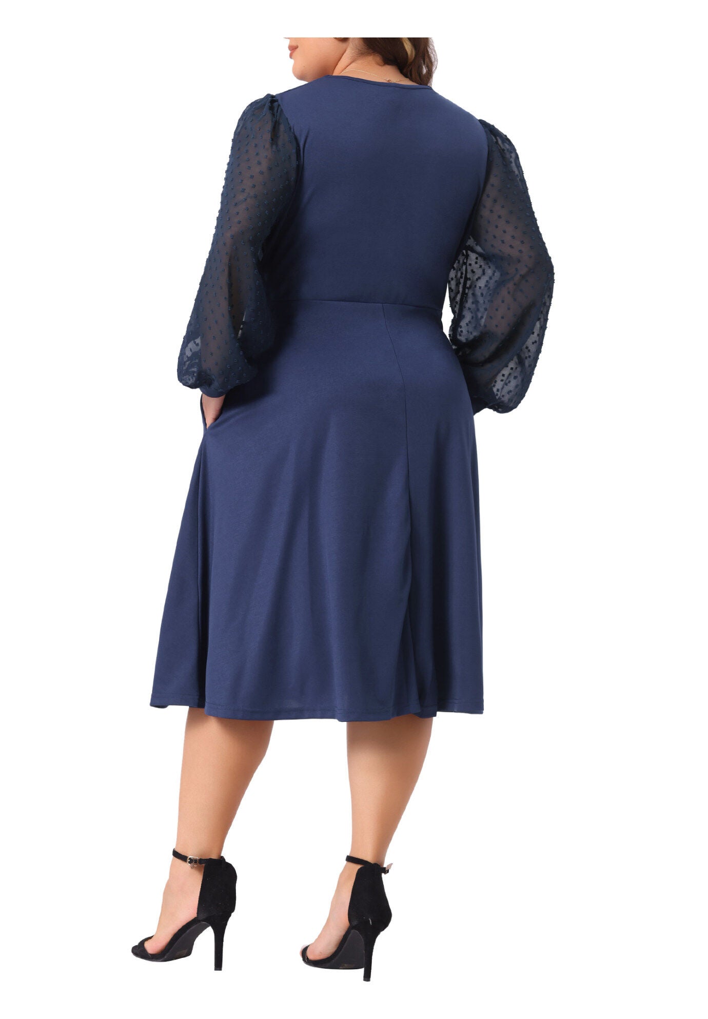 Long Sleeve Swiss Dots Formal Knee Length Dress, Navy Blue / Navy, alternate image number 3