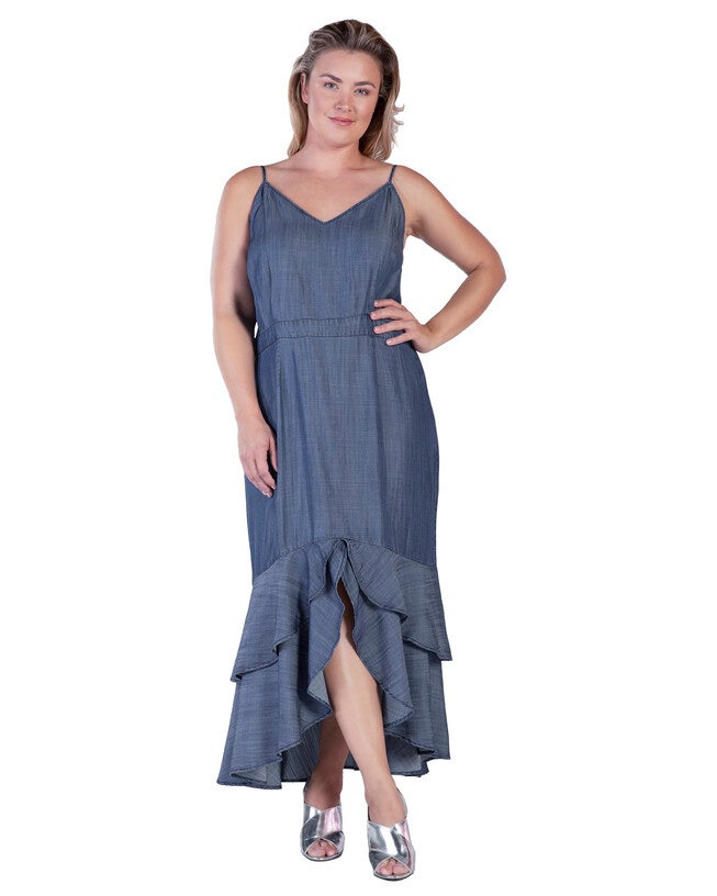 Strom Womens Plus Size Tencel High-Low Ruffle Hem Maxi Dress, INDIGORINSE / Navy, hi-res image number 0