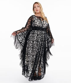 1960s Black Baroque Skull Burnout Fringe Flutter Sleeve Caftan