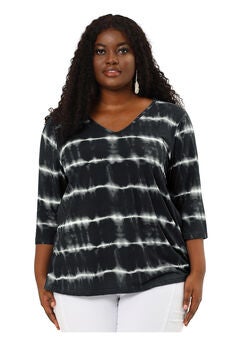 V Neck 3/4 Sleeve Loose Casual Striped Tie Dye Print T-Shirt Top