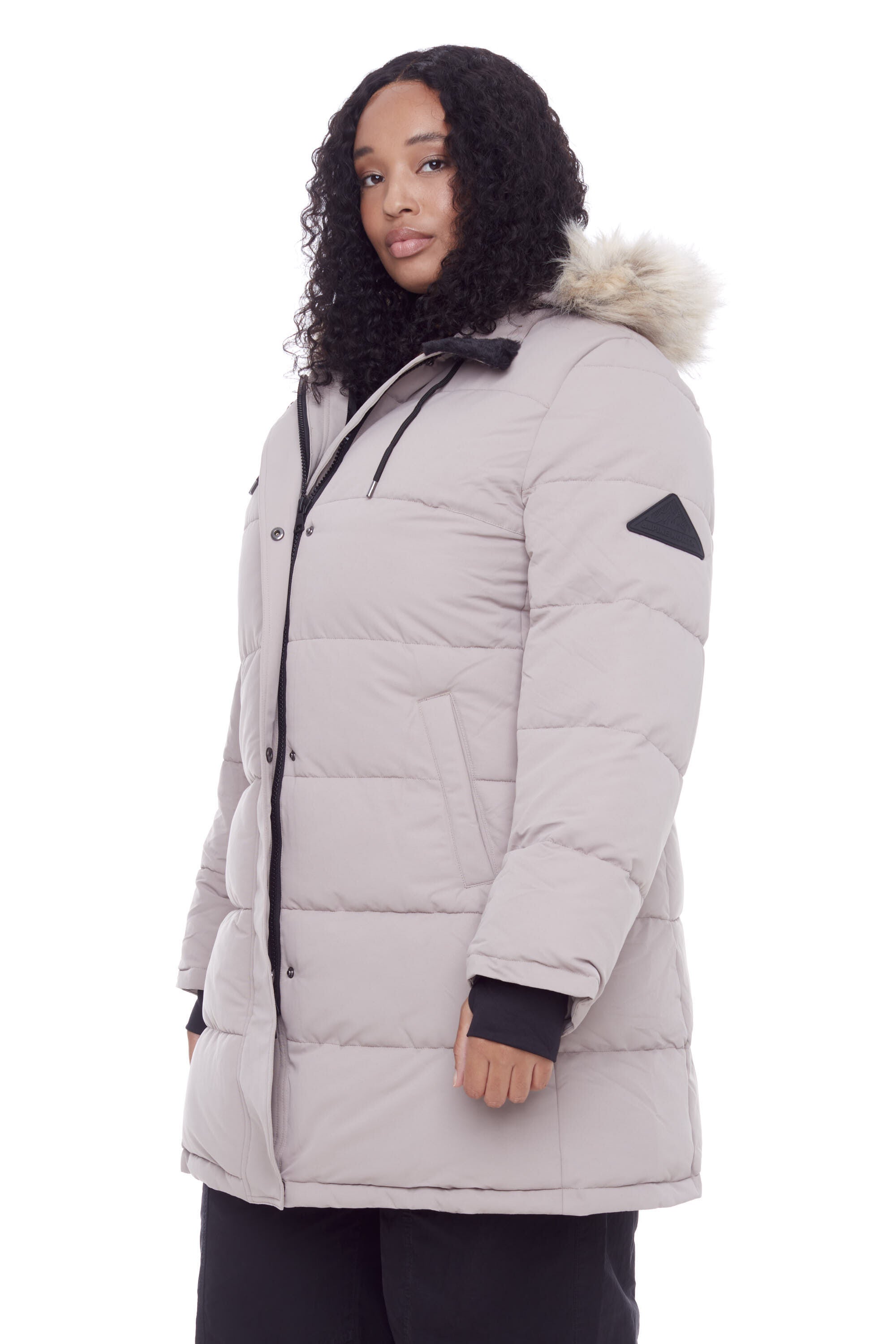 Women&#39;s Plus Size - AULAVIK | Vegan Down Recycled Mid-Length Hooded Parka Coat, Light Taupe / Taupe, alternate image number 1